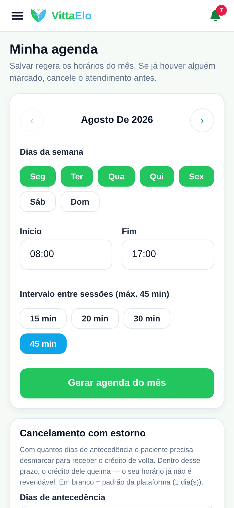 Configuração da agenda do profissional