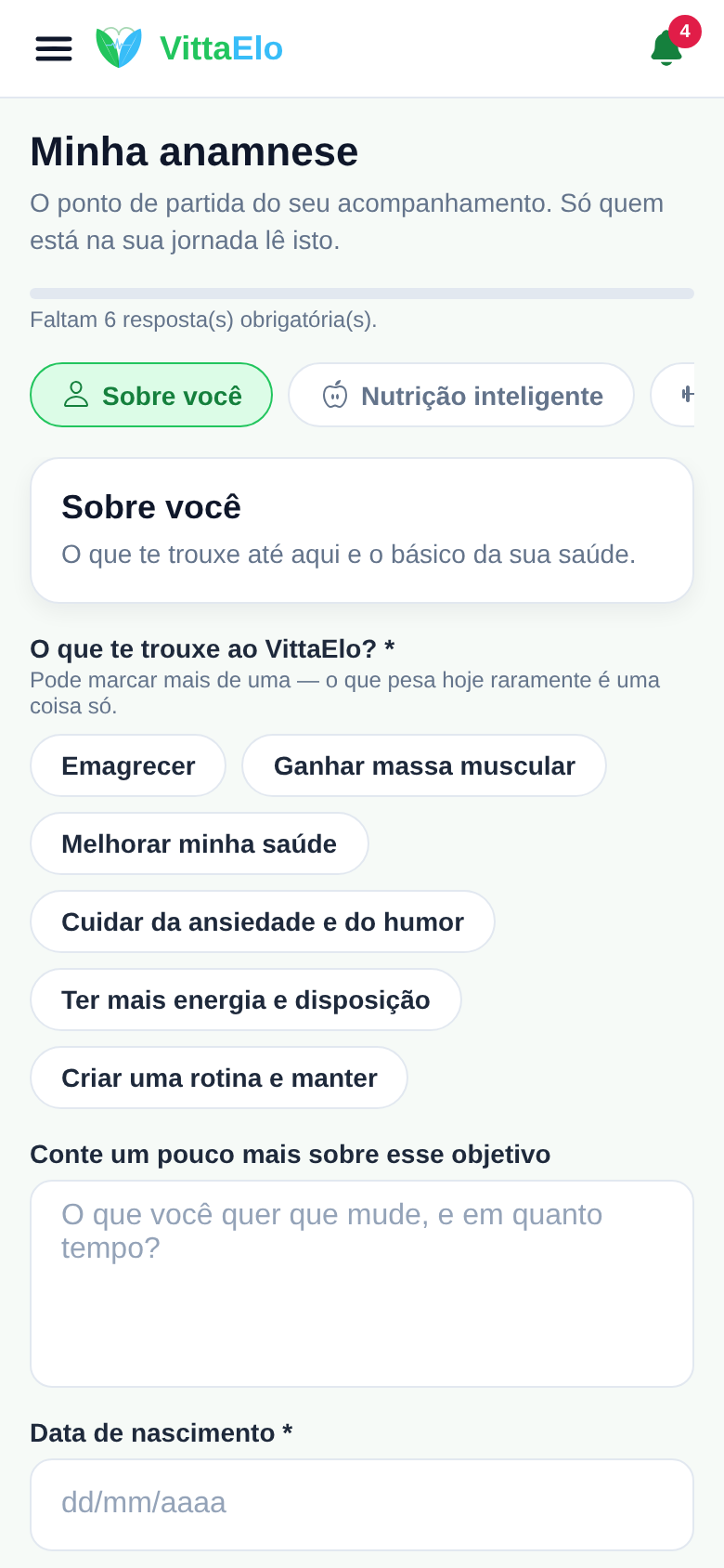 Anamnese em quatro abas