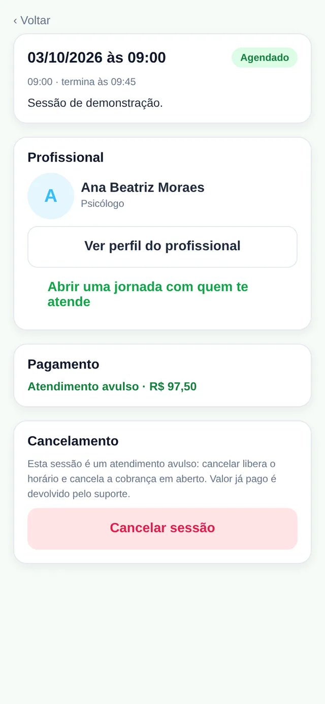Detalhe do agendamento: pagar, conferir e cancelar