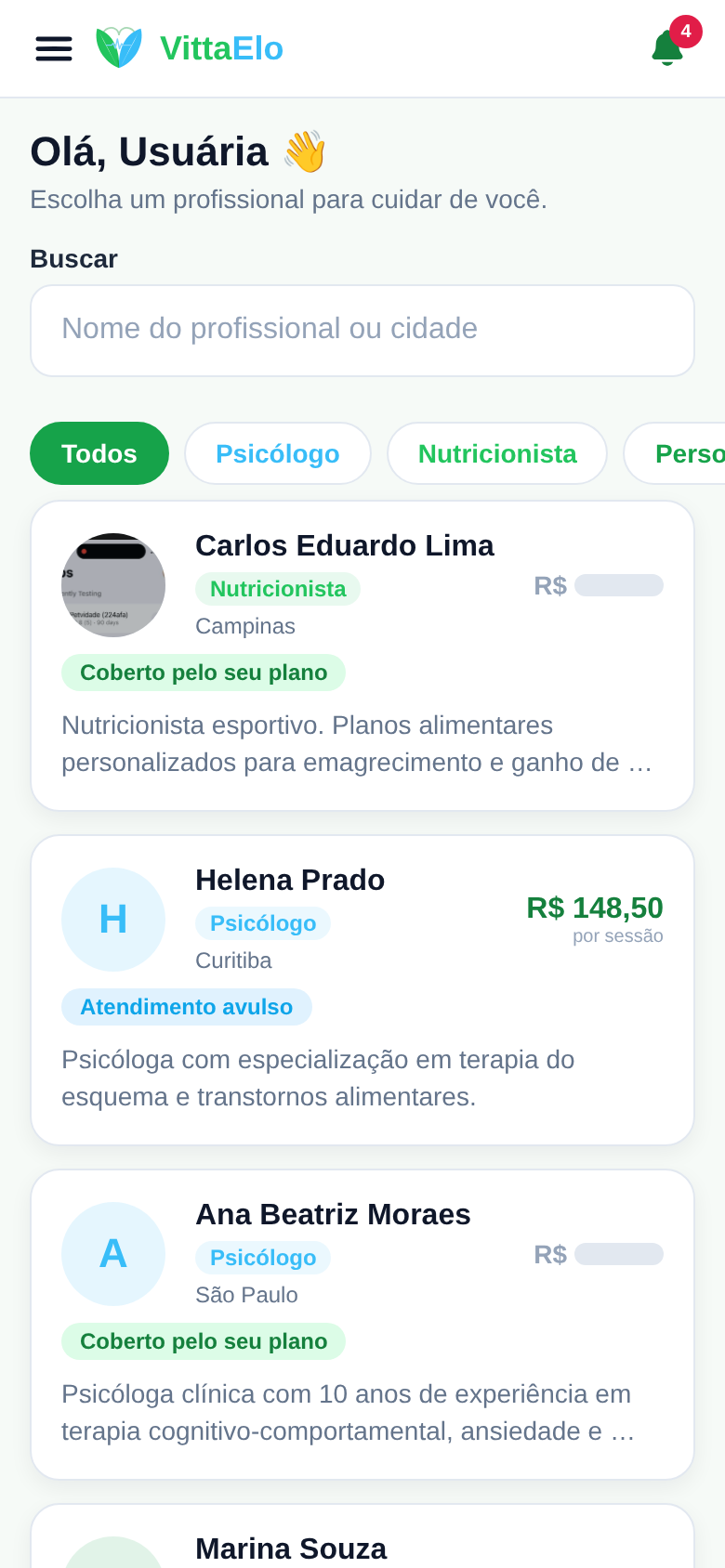 Vitrine de profissionais no aplicativo VittaElo