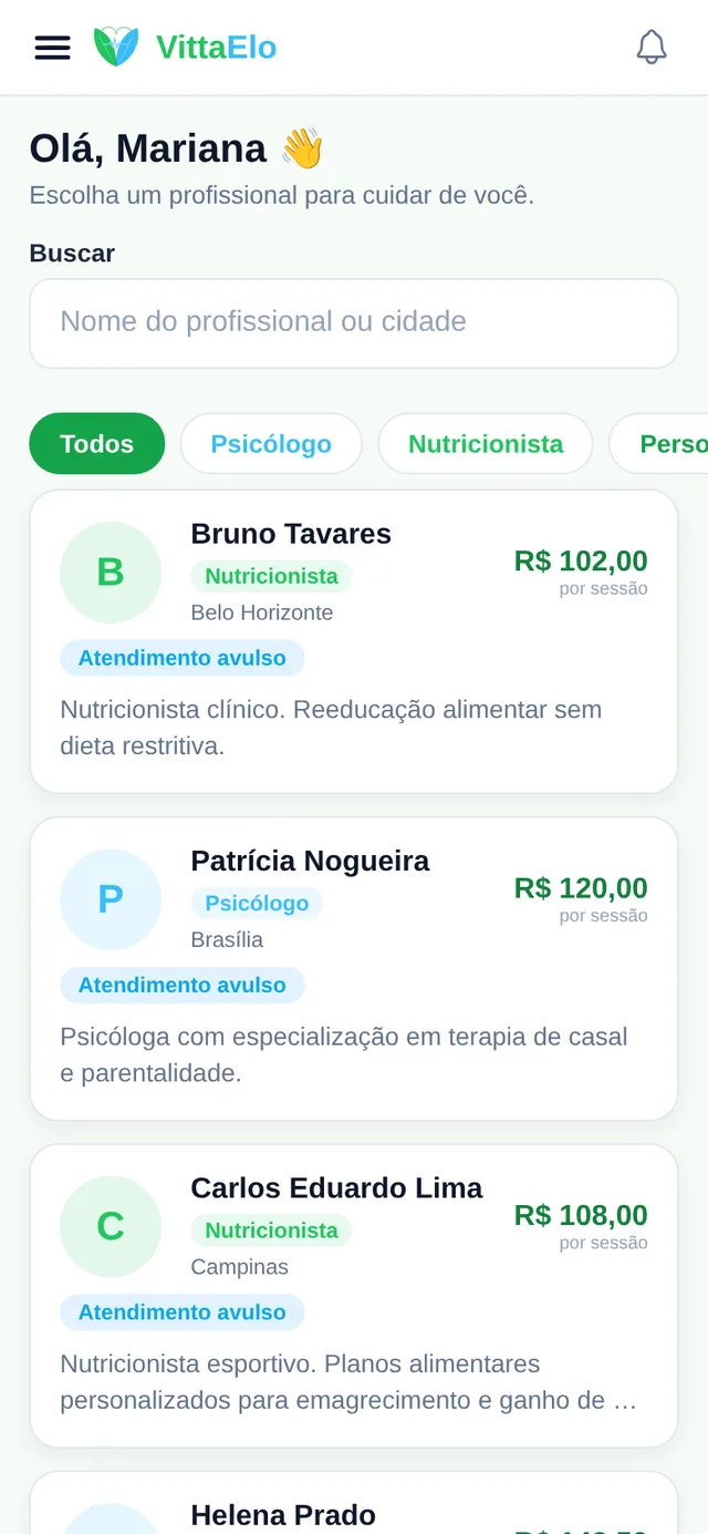 Vitrine de profissionais no aplicativo VittaElo